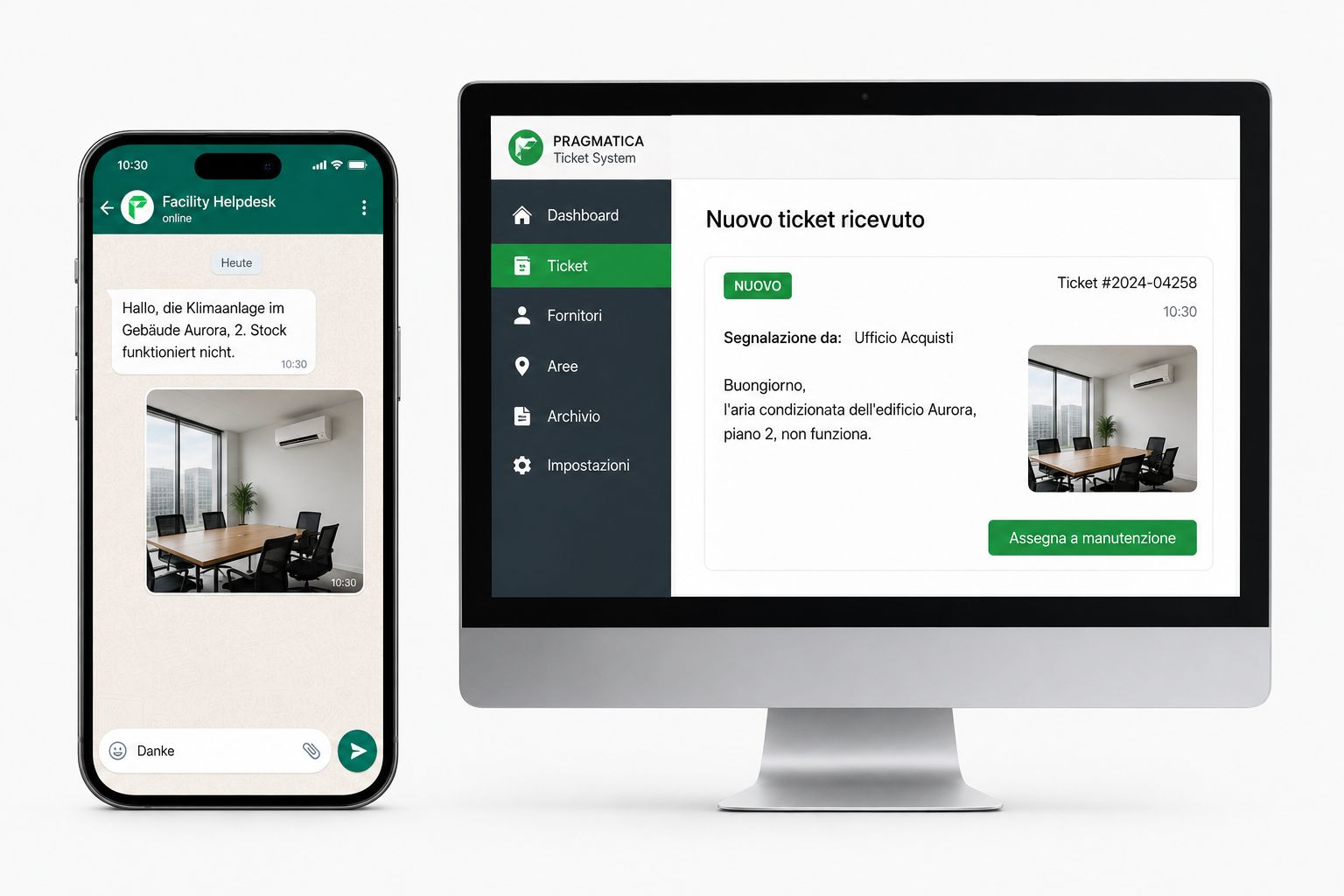 WhatsApp message in German automatically translated to Italian in qb-ticketing dashboard